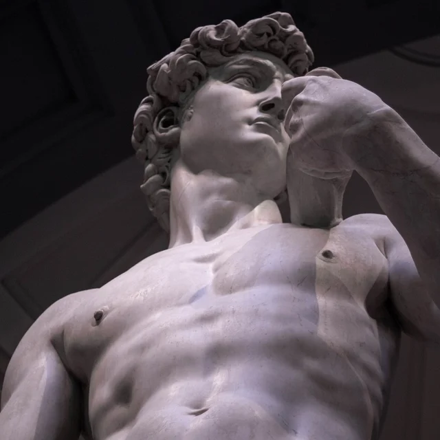 Low angle view of Michelangelo's David in the Gallery of the Academy of Florence FAMILY OFFICE